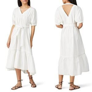 CAARA Lombardy Dress Puff Sleeve V-Neck Cutout Back Midi A-Line Cotton White L